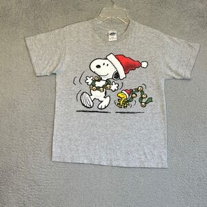 Vintage Snoopy Woodstock Christmas T Shirt Youth M Gray Peanuts Holiday Tee